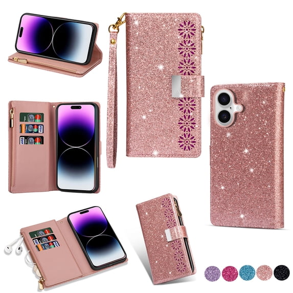 Feishell Zipper Wallet Case for iPhone 16,Bling Glitter Fashion PU Leather Magnetic Clasp Flip ID Credit Card Slots Purse Folio Kickstand Phone Cover with Wrist Strap,Rosegold