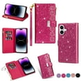 thumbnail image 1 of Feishell Zipper Wallet Case for iPhone 16 Plus,Bling Glitter Fashion PU Leather Magnetic Clasp Flip ID Credit Card Slots Purse Folio Kickstand Phone Cover with Wrist Strap,Rose, 1 of 14