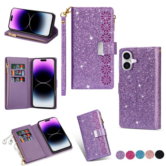 Feishell Zipper Wallet Case for iPhone 16 Plus,Bling Glitter Fashion PU Leather Magnetic Clasp Flip ID Credit Card Slots Purse Folio Kickstand Phone Cover with Wrist Strap,Purple