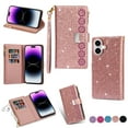 thumbnail image 1 of Feishell Zipper Wallet Case for iPhone 16 Plus,Bling Glitter Fashion PU Leather Magnetic Clasp Flip ID Credit Card Slots Purse Folio Kickstand Phone Cover with Wrist Strap,Rosegold, 1 of 14