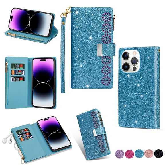 Feishell Zipper Wallet Case for iPhone 16 Pro,Bling Glitter Fashion PU Leather Magnetic Clasp Flip ID Credit Card Slots Purse Folio Kickstand Phone Cover with Wrist Strap,Skyblue