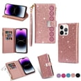 thumbnail image 1 of Feishell Zipper Wallet Case for iPhone 16 Pro,Bling Glitter Fashion PU Leather Magnetic Clasp Flip ID Credit Card Slots Purse Folio Kickstand Phone Cover with Wrist Strap,Rosegold, 1 of 8