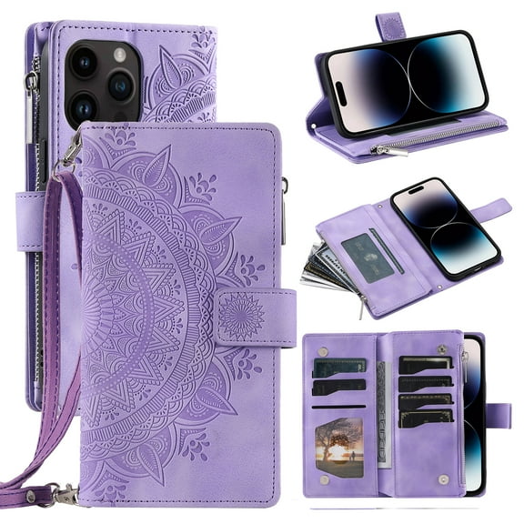Feishell Zipper Wallet Case for iPhone 16 Pro Max,for Women Men,Stylish Embossed Pattern PU Leather Multi Card Slots Magnetic Clasp Flip Kickstand Crossbody Phone Case with Shoulder Strap,Purple