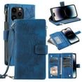 thumbnail image 1 of Feishell Zipper Wallet Case for iPhone 16 Pro Max,for Women Men,Stylish Embossed Pattern PU Leather Multi Card Slots Magnetic Clasp Flip Kickstand Crossbody Phone Case with Shoulder Strap,Blue, 1 of 12
