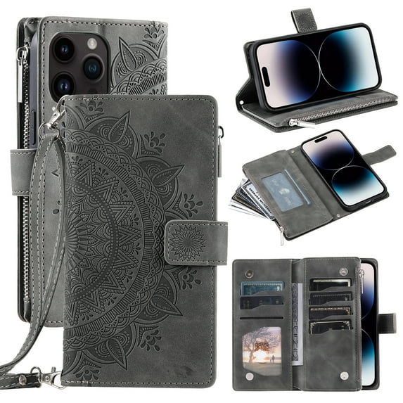 Feishell Zipper Wallet Case for iPhone 16 Pro,for Women Men,Stylish Embossed Pattern PU Leather Multi Card Slots Magnetic Clasp Flip Kickstand Crossbody Phone Case with Shoulder Strap,Gray