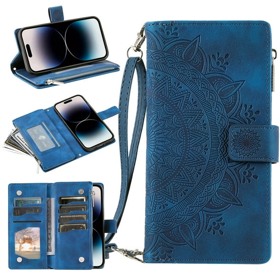 Feishell Zipper Wallet Case for iPhone 16e,for Women Men,Stylish Embossed Pattern PU Leather Multi Card Slots Magnetic Clasp Flip Kickstand Crossbody Phone Case with Shoulder Strap,Blue