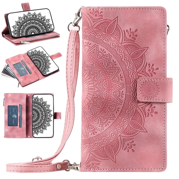 Feishell Zipper Wallet Case for iPhone 8 Plus/iPhone 7 Plus,for Women Men,Stylish Embossed Pattern PU Leather Multi Card Slots Magnetic Clasp Flip Stand Crossbody Phone Case with Shoulder Strap,Pink