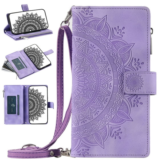 Feishell Zipper Wallet Case for iPhone 8 Plus/iPhone 7 Plus,for Women Men,Stylish Embossed Pattern PU Leather Multi Card Slots Magnetic Clasp Flip Stand Crossbody Phone Case with Shoulder Strap,Purple