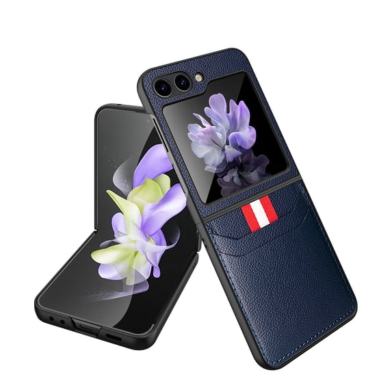 Feishell for Samsung Galaxy Z Flip 6 Case,Drop Protection Lychee Texture PU Leather Ultra Thin Folding Card Slots Pocket Anti-Scratch Phone Case,Blue