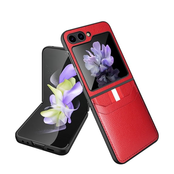 Feishell for Samsung Galaxy Z Flip 6 Case,Drop Protection Lychee Texture PU Leather Ultra Thin Folding Card Slots Pocket Anti-Scratch Phone Case,Red