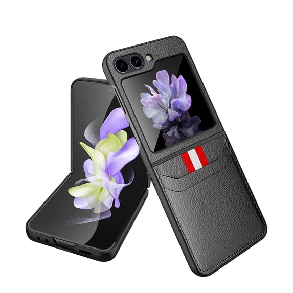 Feishell for Samsung Galaxy Z Flip5 Case,Drop Protection Lychee Texture PU Leather Ultra Thin Folding Card Slots Pocket Anti-Scratch Phone Case,Gray