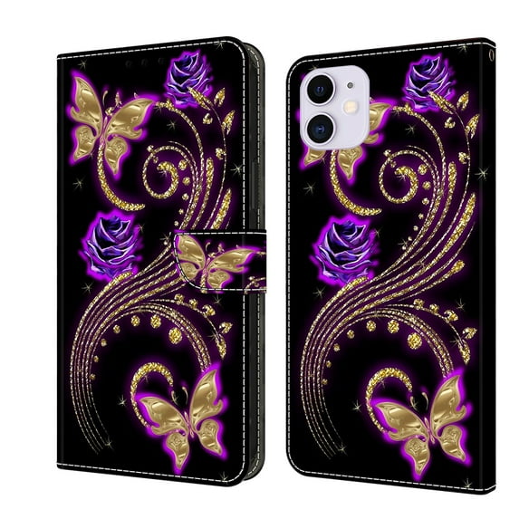 Feishell for iPhone 11 6.1 inch Slim Wallet Case with Fashion Colorful Pattern Painted,Luxury PU Leather Magnetic Flip Stand Card Slots Pocket Phone Case,Purple Flowers & Butterflies