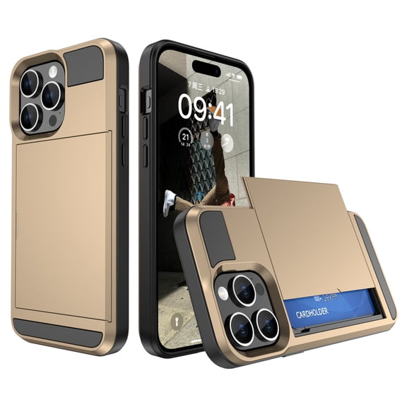 Feishell for iPhone 11 Case with ID Credit Card Holder, Dual Layer Shockproof Hidden Sliding Card Slot Wallet Anti-Scratch Hard Shell Back Cover Slim Phone Case for iPhone 11,Gold