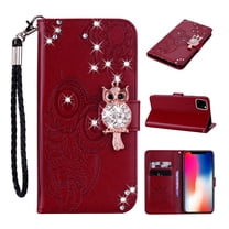 Feishell iPhone 11 Case Owl Pattern Glitter Sparkly Gems Shockproof PU Leather Wallet Cover Flip Stand Card Slots Magnetic Diamond Bling Folio Case for Apple iPhone 11, Winered