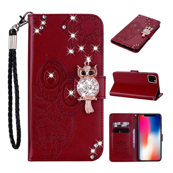Feishell iPhone 11 Case Owl Pattern Glitter Sparkly Gems Shockproof PU Leather Wallet Cover Flip Stand Card Slots Magnetic Diamond Bling Folio Case for Apple iPhone 11, Winered