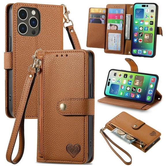 Feishell for iPhone 11 Case,RFID Blocking Wallet Case for Women Men,Premium PU Leather Credit Card Holder Zipper Pocket Magnetic Buckle Flip Kickstand Phone Case with Wrist Strap,Brown
