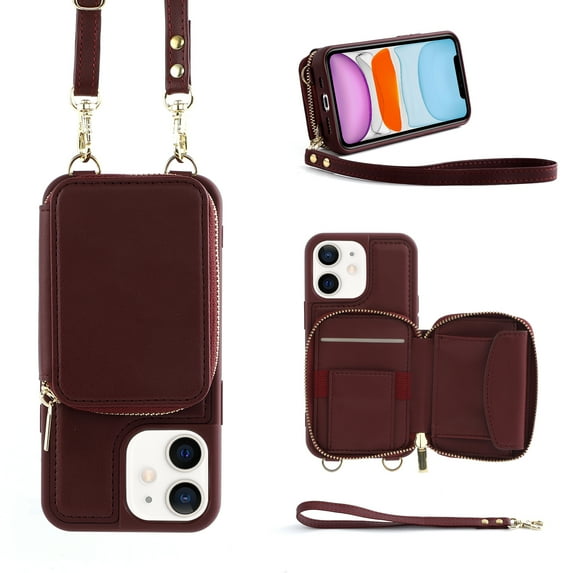 Feishell for iPhone 11 Crossbody Wallet Case with Detachable Shoulder Strap+Wrist Strap,Durable PU Leather RFID Blocking Back Zipper Pocket Credit Card Holder Kickstand Phone Case,Winered