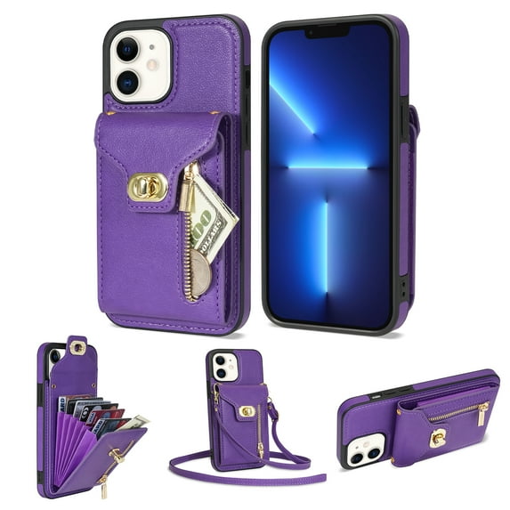 Feishell for iPhone 11 Crossbody Zipper Wallet Phone Case,Premium PU Leather Kickstand Metal Buckle Credit Card Slots Shockproof Purse Phone Case with Detachable Shoulder Strap,Purple