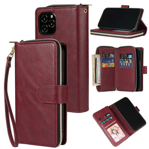 Feishell for iPhone 11 Pro (5.8 inch) Wallet Case for Women Men,Premium PU Leather Magnetic Clasp Zipper 9 Card Slots Folio Flip Holder Shockproof Purse Phone Case with Wrist Strap,Winered