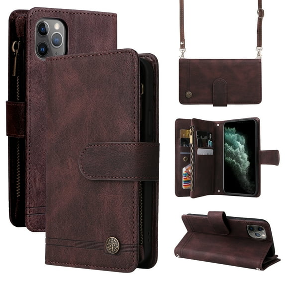 Feishell for iPhone 11 Pro 5.8 inch Zipper Wallet Case with Wrist Strap & Shoulder Strap,Premium PU Leather Magnetic Clasp Flip Holder Card Slots Crossbody Phone Case for Women Men,Brown