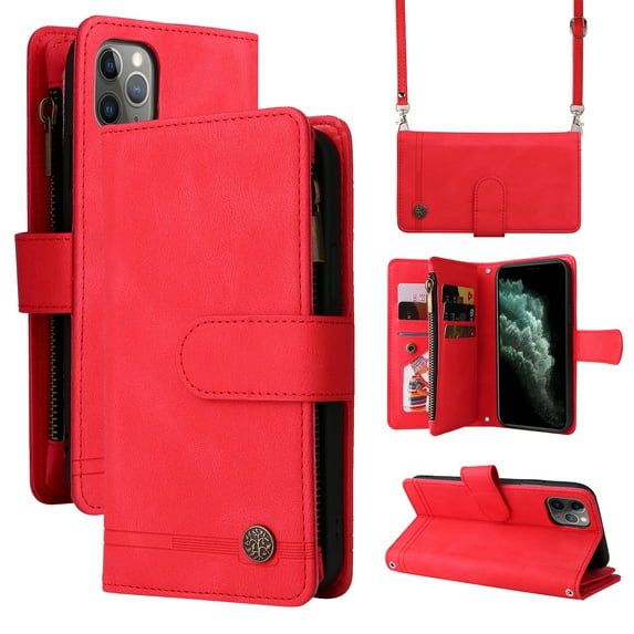 Feishell for iPhone 11 Pro 5.8 inch Zipper Wallet Case with Wrist Strap & Shoulder Strap,Premium PU Leather Magnetic Clasp Flip Holder Card Slots Crossbody Phone Case for Women Men,Red