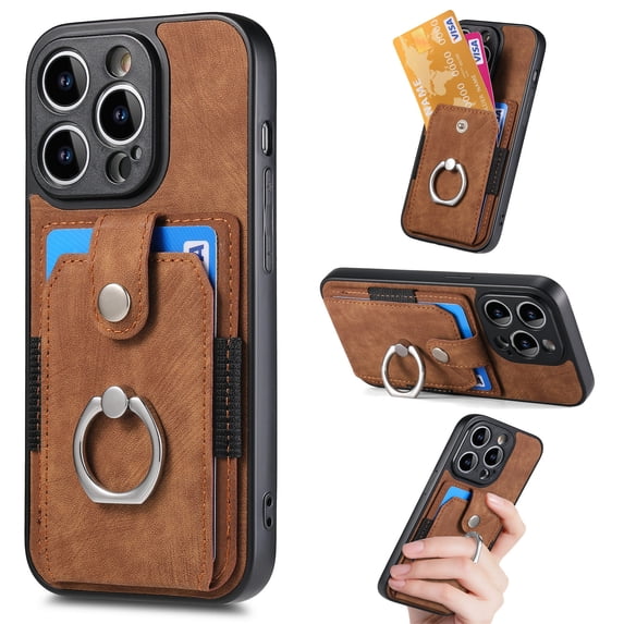 Feishell for iPhone 11 Pro Max Wallet Case with Elastic Card Holder,Premium PU Leather Shockproof TPU Bumper 360° Rotation Finger Ring Holder Kickstand Anti-Scratch Protective Phone Case,Brown