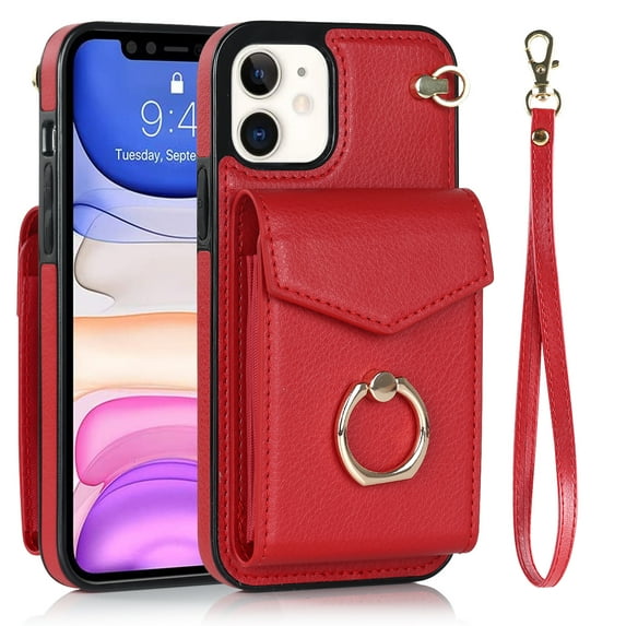 Feishell for iPhone 11 Wallet Case, RFID Blocking Card Slots Magnetic Button Case Glossy PU Leather Finger Ring Holder Kickstand Wrist Strap Handbag Cover for iPhone 11,Red