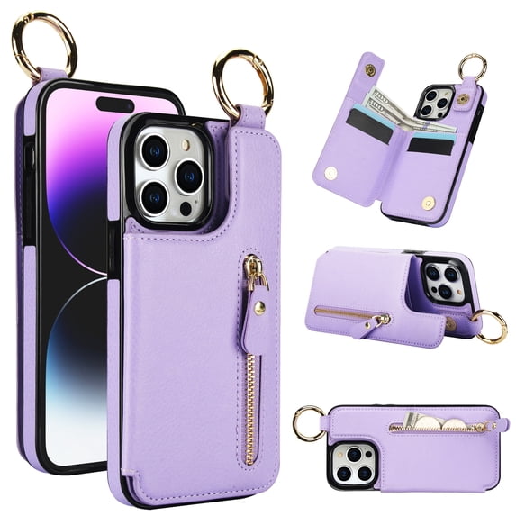 Feishell for iPhone 12 / 12 Pro Zipper Wallet Case, Premium Lychee Texture PU Leather Double Magnetic Clasp Flip Kickstand Credit Card Slots Shockproof Portable Metal Ring Hook Phone Case, Purple