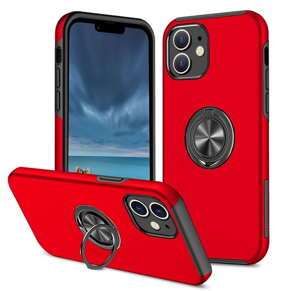 Feishell for iPhone 12 Case, 360° Rotatable Ring Holder Kickstand Dual Layer Military-Grade Drop Tested Protection Support Car Holder Mount Magnetic Absorbing Bumper Phone Case, Red