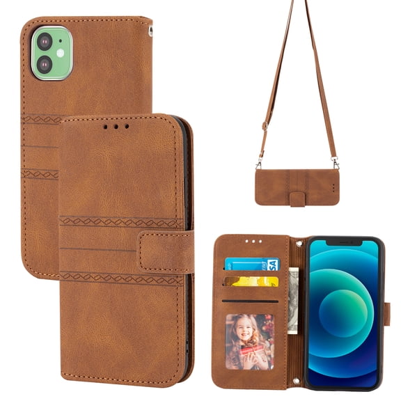 Feishell iPhone 12 Case with Credit Cards Holder, Wallet Magnetic Crossbody Shoulder Strap Flip Stand Purse Premium PU Leather Cover For iPhone 12 - 6.1", Brown