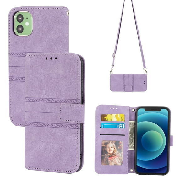 Feishell iPhone 12 Case with Credit Cards Holder, Wallet Magnetic Crossbody Shoulder Strap Flip Stand Purse Premium PU Leather Cover For iPhone 12 - 6.1", Lightpurple