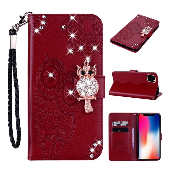 Feishell iPhone 12 Case, iPhone 12 Pro Case Owl Pattern Glitter Sparkly Gems Shockproof PU Leather Wallet Cover Flip Stand Card Slots Magnetic Diamond Bling Folio Case for iPhone 12/12 Pro, Winered