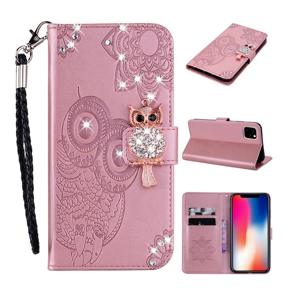 Feishell iPhone 12 Case, iPhone 12 Pro Case Owl Pattern Glitter Sparkly Gems Shockproof PU Leather Wallet Cover Flip Stand Card Slots Magnetic Diamond Bling Folio Case for iPhone 12/12 Pro, Pink