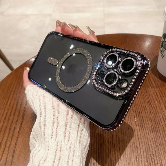 Feishell for iPhone 12 Magnetic Case,Luxury Glitter Rhinestone Bling Diamond Sparkle Bumper & Camera Lens Protection Soft TPU Clear Phone Case,Compatible with MagSafe for Women Girls,Black