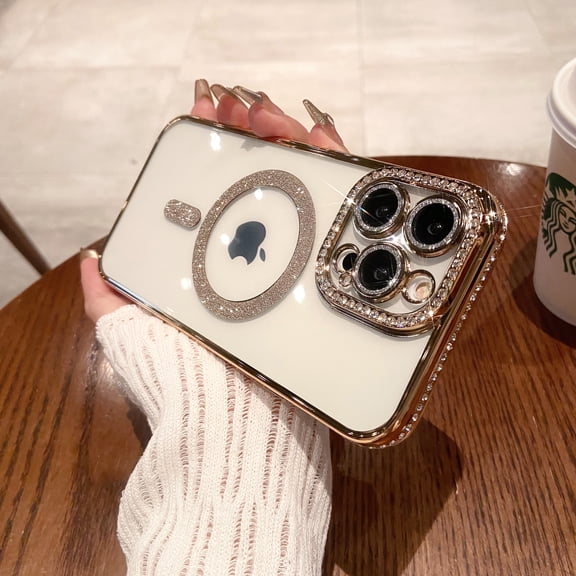 Feishell for iPhone 12 Magnetic Case,Luxury Glitter Rhinestone Bling Diamond Sparkle Bumper & Camera Lens Protection Soft TPU Clear Phone Case,Compatible with MagSafe for Women Girls,Gold