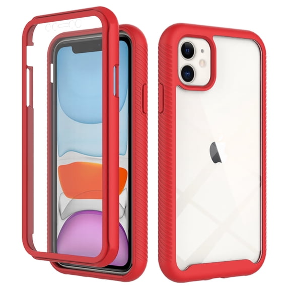 Feishell iPhone 12 Mini Case Built-in Screen Protector Clear Rugged 360 Full Body Protective Shockproof Hard Back Soft TPU Defender Dual Layer Heavy Duty Bumper Anti-Scratch Cover Case, Red