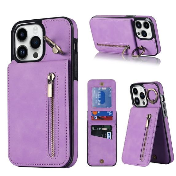 Feishell for iPhone 12 Pro/12, Case Wallet with Card Holder Functional Two Way Kickstand Durable Zipper Pocket RFID Blocking Leather Slim Protective Leather For iPhone 12/12 Pro, Purple