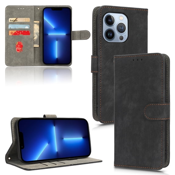 Feishell for iPhone 12 Pro / 12 Wallet Case,Stylish 360 Protection Anti-Scratch Synthetic Leather Soft TPU Shockproof Flexible Magnetic RFID Flip Kickstand Card Slots with Wrist Strap Cover.Black