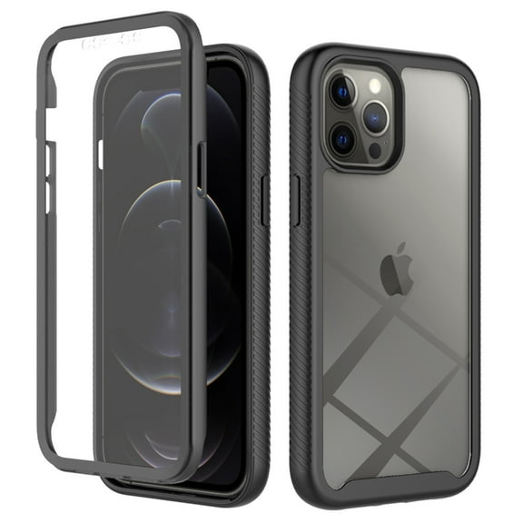 Feishell iPhone 12 Pro Max Case Built-in Screen Protector Clear Rugged 360 Full Body Protective Shockproof Hard Back Soft TPU Defender Dual Layer Heavy Duty Bumper Anti-Scratch Cover Case, Black
