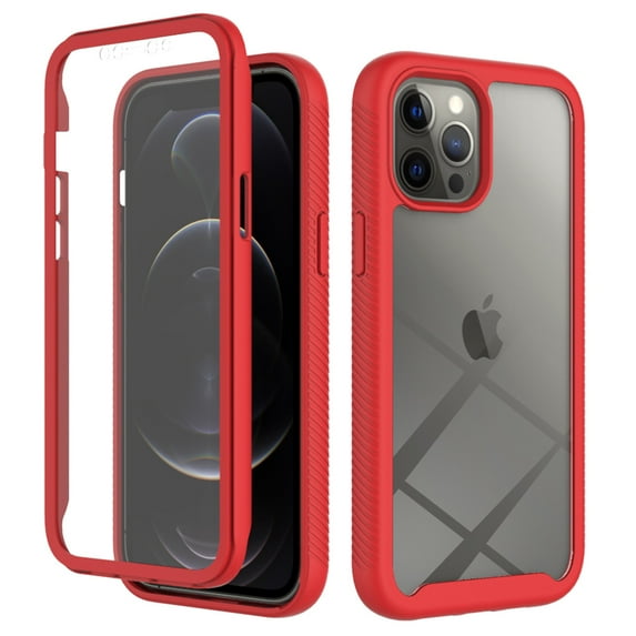 Feishell iPhone 12 Pro Max Case Built-in Screen Protector Clear Rugged 360 Full Body Protective Shockproof Hard Back Soft TPU Defender Dual Layer Heavy Duty Bumper Anti-Scratch Cover Case, Red