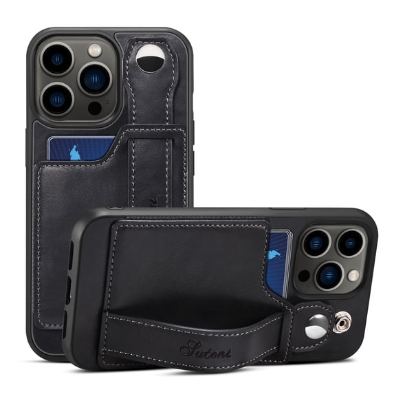 Feishell for iPhone 12 Pro Max Wallet Case with Card Credit Slot, Hand Wrist Strap Loop Holder Kickstand, Ring Holder PU Leather Camera Protection Shockproof Solid Color Cover, Black