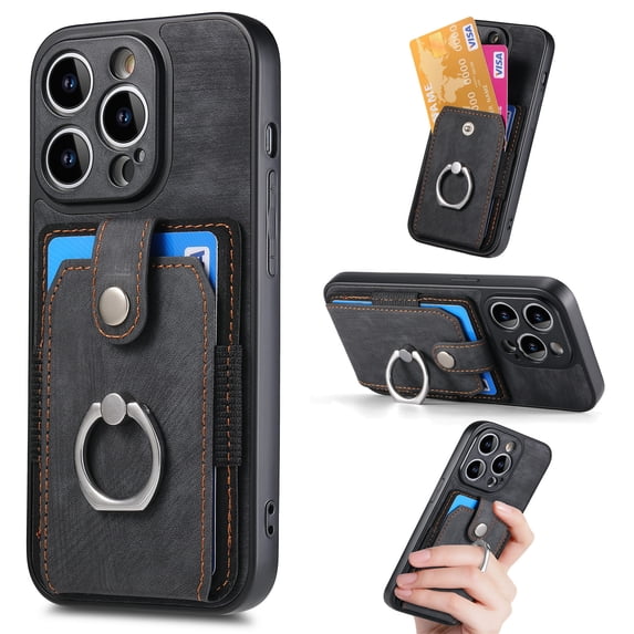 Feishell for iPhone 12 Pro Max Wallet Case with Elastic Card Holder,Premium PU Leather Shockproof TPU Bumper 360° Rotation Finger Ring Holder Kickstand Anti-Scratch Protective Phone Case,Black
