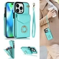 thumbnail image 1 of Feishell for iPhone 12 Pro Max Wallet Case, PU Leather Kickstand Finger Ring Holder Case with Card Slots Magnetic Soft Silicone Shockproof Case RFID Blocking Wrist Strap Handbag Cover,Mint, 1 of 10