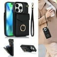 thumbnail image 1 of Feishell for iPhone 12 Pro Max Wallet Case, PU Leather Kickstand Finger Ring Holder Case with Card Slots Magnetic Soft Silicone Shockproof Case RFID Blocking Wrist Strap Handbag Cover,Black, 1 of 10
