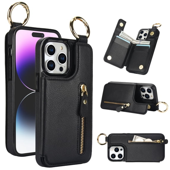 Feishell for iPhone 12 Pro Max Zipper Wallet Case, Premium Lychee Texture PU Leather Double Magnetic Clasp Flip Kickstand Credit Card Slots Shockproof Portable Metal Ring Hook Phone Case, Black