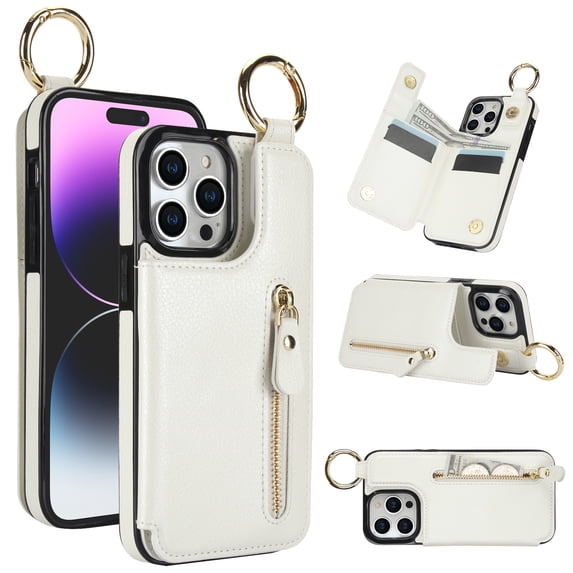 Feishell for iPhone 12 Pro Max Zipper Wallet Case, Premium Lychee Texture PU Leather Double Magnetic Clasp Flip Kickstand Credit Card Slots Shockproof Portable Metal Ring Hook Phone Case, White