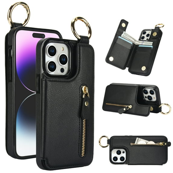Feishell for iPhone 12 / 12 Pro Zipper Wallet Case, Premium Lychee Texture PU Leather Double Magnetic Clasp Flip Kickstand Credit Card Slots Shockproof Portable Metal Ring Hook Phone Case, Black