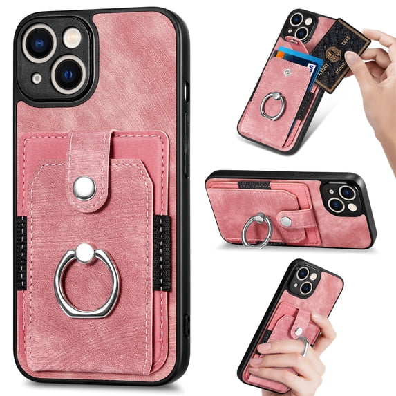 Feishell for iPhone 12 Wallet Case with Elastic Card Holder,Premium PU Leather Shockproof TPU Bumper 360° Rotation Finger Ring Holder Kickstand Anti-Scratch Protective Phone Case,Pink