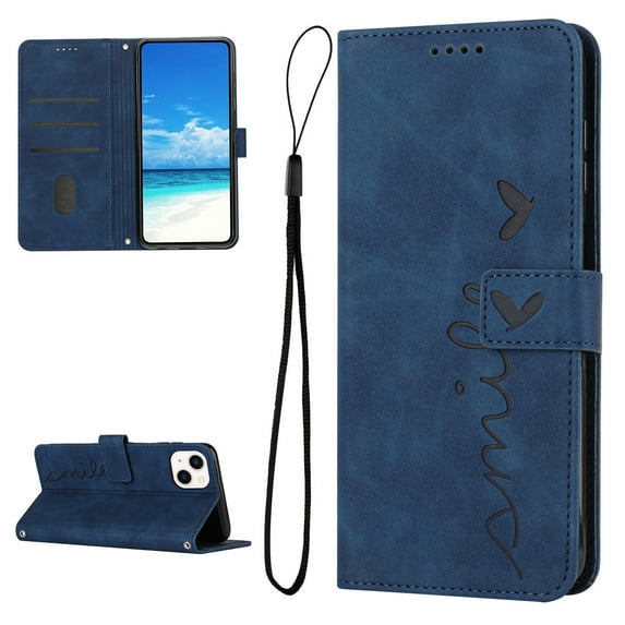 Feishell for iPhone 13 6.1 inch Wallet Case,for Women Men,Love Heart Pattern Embossed Plain PU Leather Magnetic Clasp Credit Card Slots Folio Flip Kickstand Phone Cover,Blue