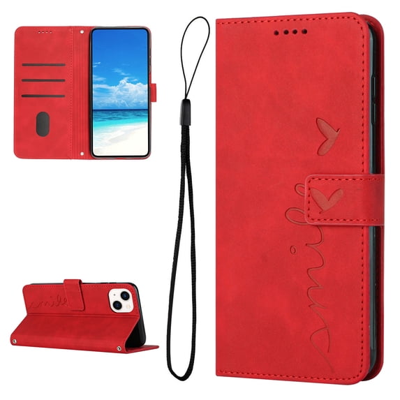 Feishell for iPhone 13 6.1 inch Wallet Case,for Women Men,Love Heart Pattern Embossed Plain PU Leather Magnetic Clasp Credit Card Slots Folio Flip Kickstand Phone Cover,Red
